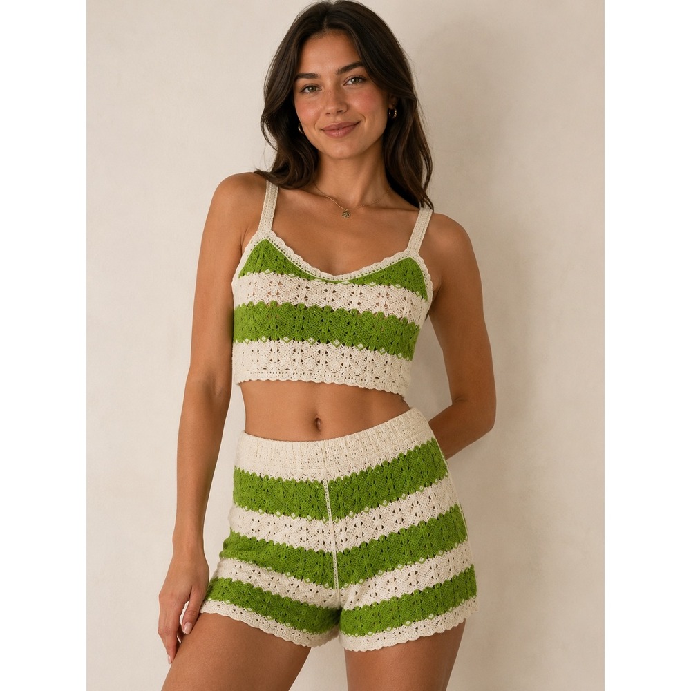 Rebellion Again Women Green Cream Striped Crochet Crop Top and Shorts Set Large